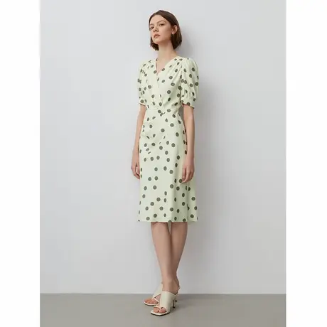 朗姿气质V领复古波点印花泡泡袖连衣裙2023秋新款法式中长款裙子商品大图