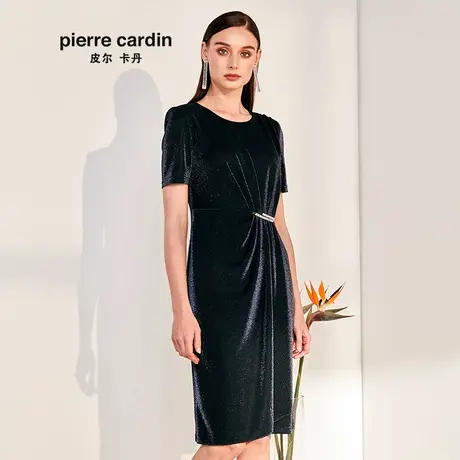 【皮尔卡丹女装】2020夏季新款蓝色短袖亮面连衣裙【官方正品】商品大图