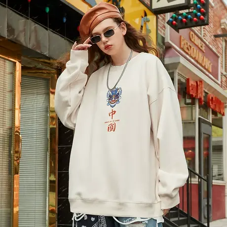 国潮醒狮舞狮中国风圆领卫衣男潮ins宽松春秋季潮牌oversize外套图片