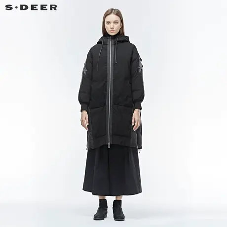 sdeer圣迪奥冬装连帽字母绣花拼接黑色中长款羽绒服女S19482448商品大图