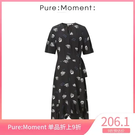 Pure:Moment:新款V领印花收腰连衣裙显瘦中长款裙子4B6192681商品大图