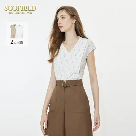 Scofield简约V领印花雪纺衫无袖垂感优雅衬衫女装夏季上衣商品大图