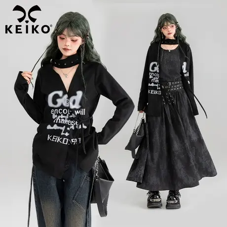 KEIKO 美式酷感字母印花长袖开衫2024夏季辣妹宽松外搭V领t恤上衣商品大图