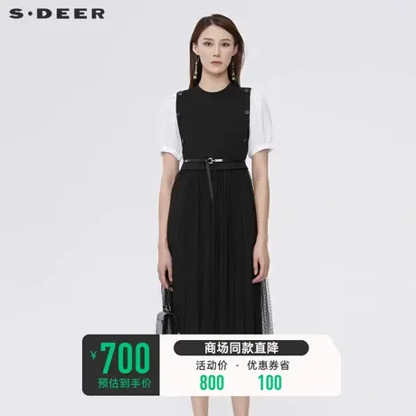 sdeer圣迪奥连衣裙女夏装撞色拼接黑色网纱收腰百褶裙S22281232👍商品大图