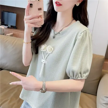 泡泡袖短袖t恤女夏季韩版宽松大码女装设计感小众百搭华夫格上衣图片