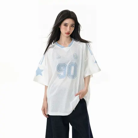 2025夏季新款网眼透气V领T恤短袖女泽西运动风宽松情侣款半袖上衣图片