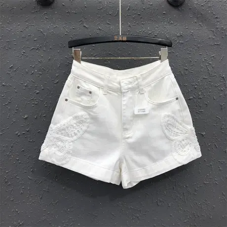 欧货2025夏季新款刺绣蝴蝶白色牛仔短裤女高腰显瘦a字热裤阔腿裤商品大图