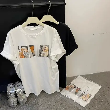 韩国东大门2025夏季新款休闲宽松圆领卡通小狗印花短袖T恤女上衣图片