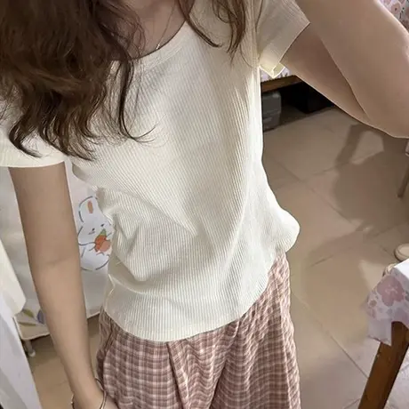 白色正肩短袖T恤女夏季韩版修身打底衫内搭小个子短款半袖上衣潮商品大图