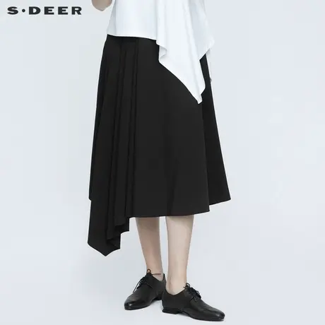 sdeer圣迪奥夏装压褶字母印花不规则黑色长裙女S21261109商品大图