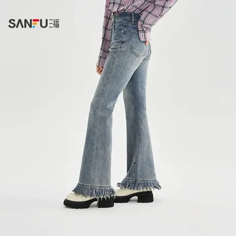 三福牛仔裤2025秋季毛边脚口复古喇叭裤弹力长裤女装504800商品大图