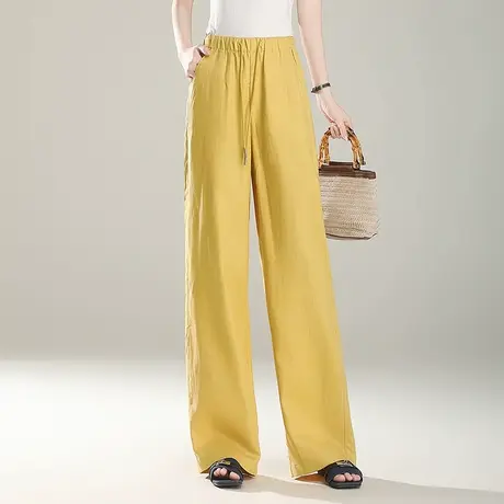 时尚天丝亚麻直筒裤女2025夏季新款高腰显瘦减龄宽松休闲通勤长裤商品大图