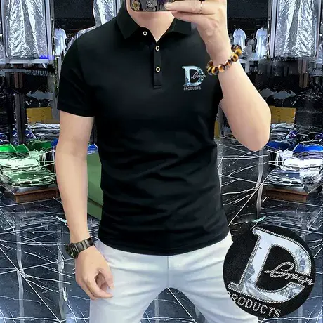 Polo衫半袖轻奢夏季上衣简欧男装男士短袖新款舒适透气合身型黑色图片