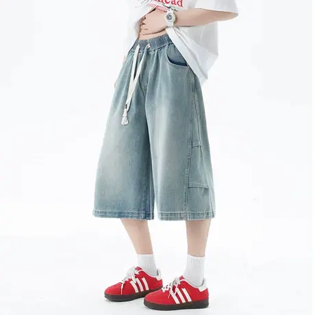 Nuthink短裤牛仔裤美式复古宽松直筒七分裤潮牌松紧2025夏新款男图片