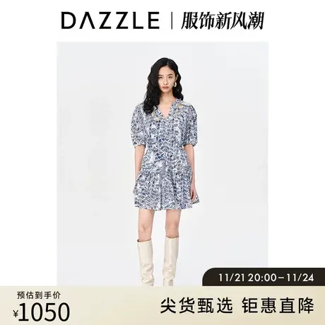 DAZZLE地素 奥莱复古蓝染印花镂空别致度假风短袖连衣裙女商品大图