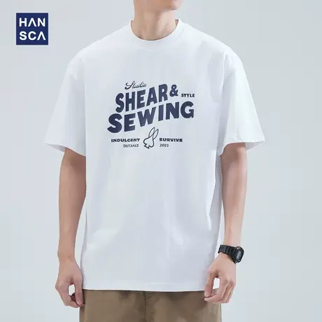 hansca 白色印花短袖t恤男美式重磅夏季潮牌宽松休闲纯棉半袖上衣商品大图