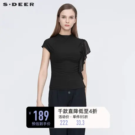 sdeer圣迪奥夏季休闲半高领打底衫雪纺拼接针织T恤女S21280102图片