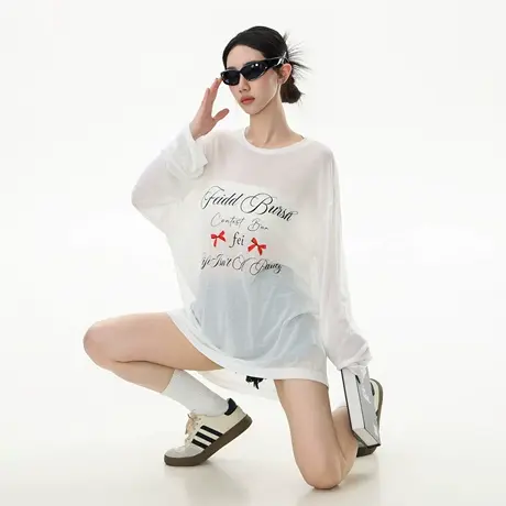 2025夏季新款白色纱网透视长袖T恤女印花潮酷ins慵懒风宽松上衣图片