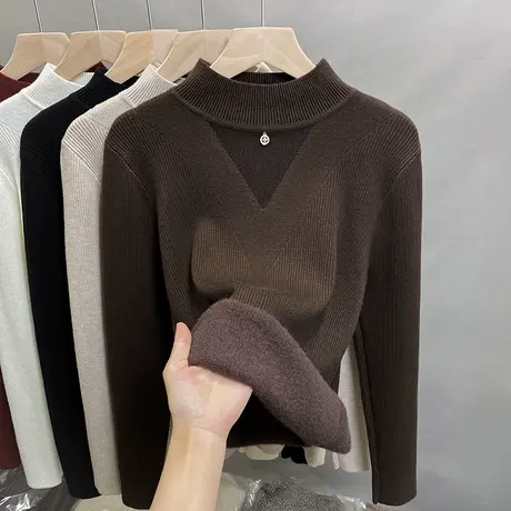 一体绒半高领毛衣女加绒厚打底衫2024秋冬新款蕾丝针织衫内搭上衣商品大图