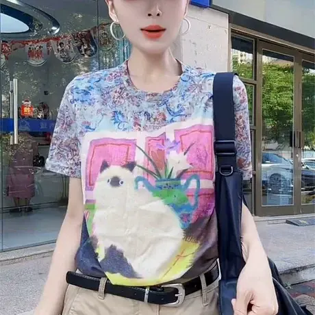 欧洲站正肩短袖T恤女士夏季薄款宽松休闲洋气小个子印花体恤上衣图片