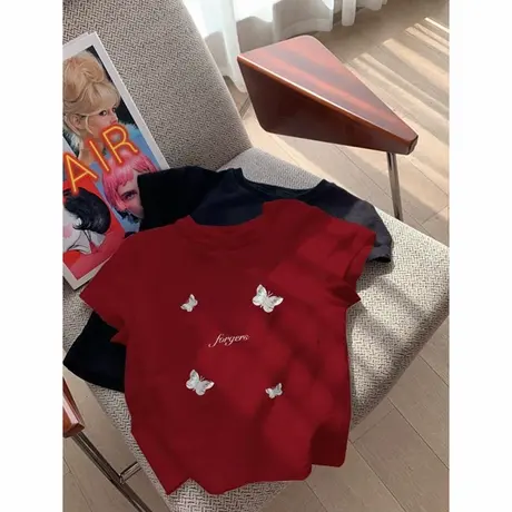 佰搭小能手！高级感超好看蝴蝶印花正肩短袖t恤女夏季新款小上衣商品大图