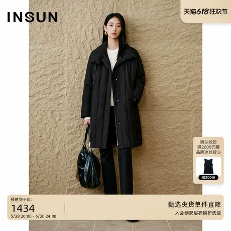 INSUN恩裳专选2024冬季新中式黑色肌理长款羽绒服图片