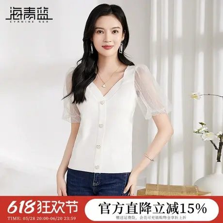 海青蓝气质V领短袖上衣2024夏季新款淑女网纱泡泡袖百搭针织衫女商品大图