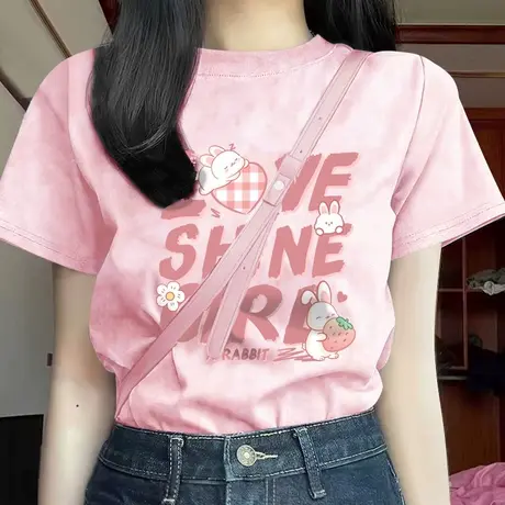 NOB真维斯粉色扎染宽松短袖t恤女款2025新款夏季纯棉上衣正肩半袖商品大图