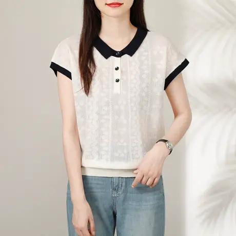 莱赛尔天丝法式提花POLO领短袖女夏薄宽松飞飞袖T恤女针织衫上衣图片