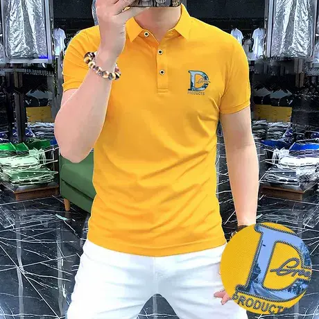 Polo衫半袖轻奢夏季上衣简欧男装男士短袖新款舒适透气合身型黄色图片