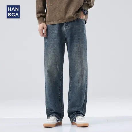 hansca蓝色水洗牛仔裤男秋季复古潮牌微磨破设计感宽松直筒阔腿裤图片