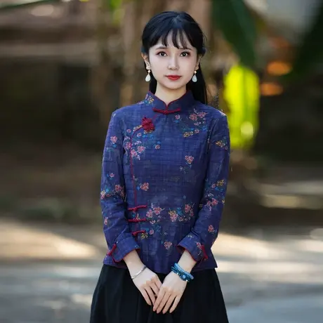 筠雅唐装女中国风旗袍式上衣改良版佛系盘扣休闲中式禅意茶服素衣图片