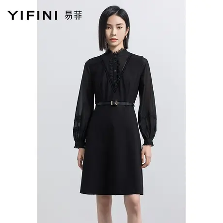 Yifini/易菲合体长款中长款连衣裙女2023春季新款黑色蕾丝袖拼接图片