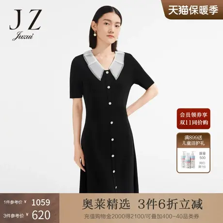 JZ玖姿针织小黑裙女装2022夏季新款纯色法式优雅风翻领收腰连衣裙商品大图