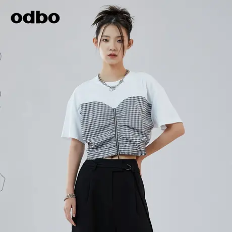 odbo/欧迪比欧原创设计格纹拼接t恤女夏季新款短款辣妹上衣图片
