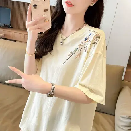 新中式中国风短袖t恤女夏季韩版宽松大码女装中长款百搭学生上衣商品大图