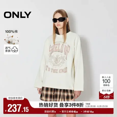 ONLY奥莱2025夏季新款美式复古宽松纯棉圆领印花长袖T恤女图片