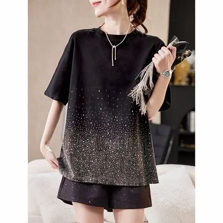 宝诗黎圆领烫钻中长款短袖T恤2025夏季宽松洋气减龄休闲棉质女装图片