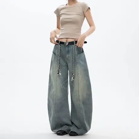 美式复古宽松阔腿弯刀牛仔裤女2025夏季新款cleanfit休闲拖地长裤商品大图