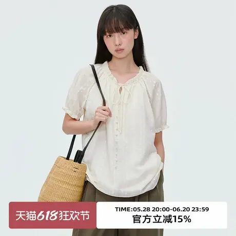 omont蛋挞家复古肌理印花木耳边V领短袖衬衫2025夏季宽松通勤小衫商品大图