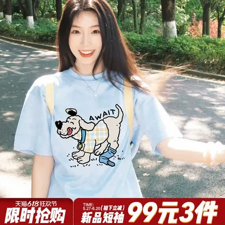 2025新款chic学院风卡通印花奶蓝色短袖t恤女宽松正肩半袖上衣夏图片