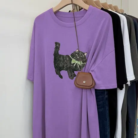 超火cec美式复古纯棉大码短袖t恤女夏宽松独特别致紫色上衣ins潮图片