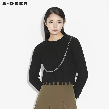 sdeer圣迪奥春秋装不规则领做旧破洞链条宽松毛衣S21383508商品大图