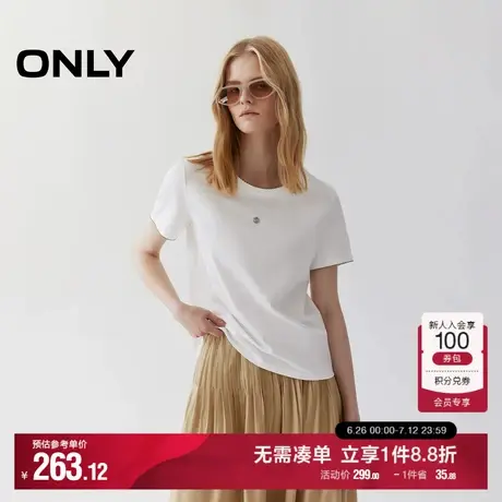 ONLY2025夏季新款撞色花边设计金属装饰显瘦正肩圆领短袖T恤女图片