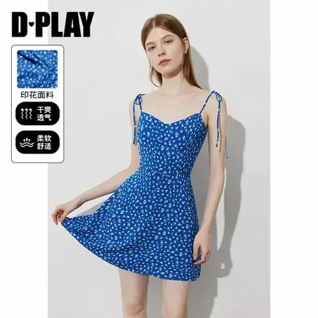 DPLAY【度假系列】2025年夏季新款蓝色印花复古气质吊带连衣裙女商品大图