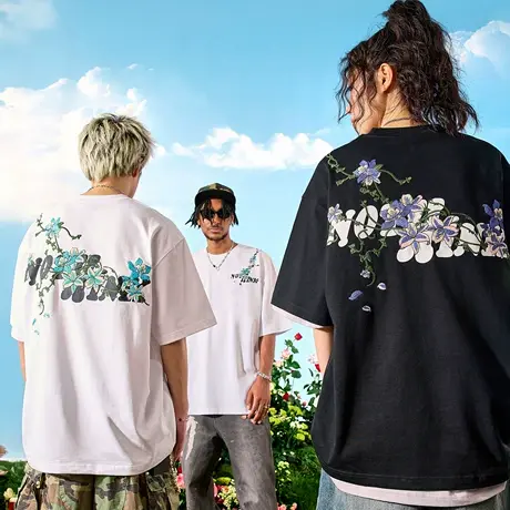 Nuthink重磅刺绣花卉短袖T恤潮牌字母印花纯棉情侣男女2025夏新款图片