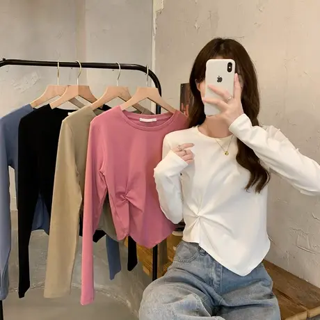 小众设计感不规则长袖T恤女装早秋季白色体恤短款独特别致小上衣图片