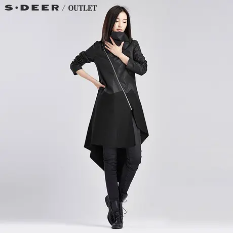 sdeer圣迪奥女装2017秋装纯色拼接机车中长款风衣外套S15381876图片