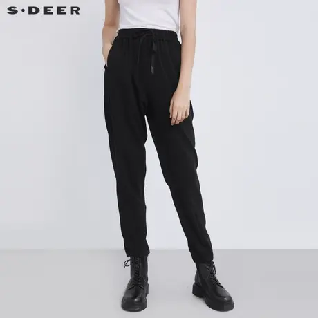 sdeer圣迪奥春装休闲抽绳松紧插袋拼接黑色长裤S21380810图片