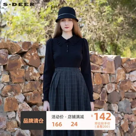 sdeer圣迪奥女装复古甜美翻领抽褶黑色针织衫S21463525图片